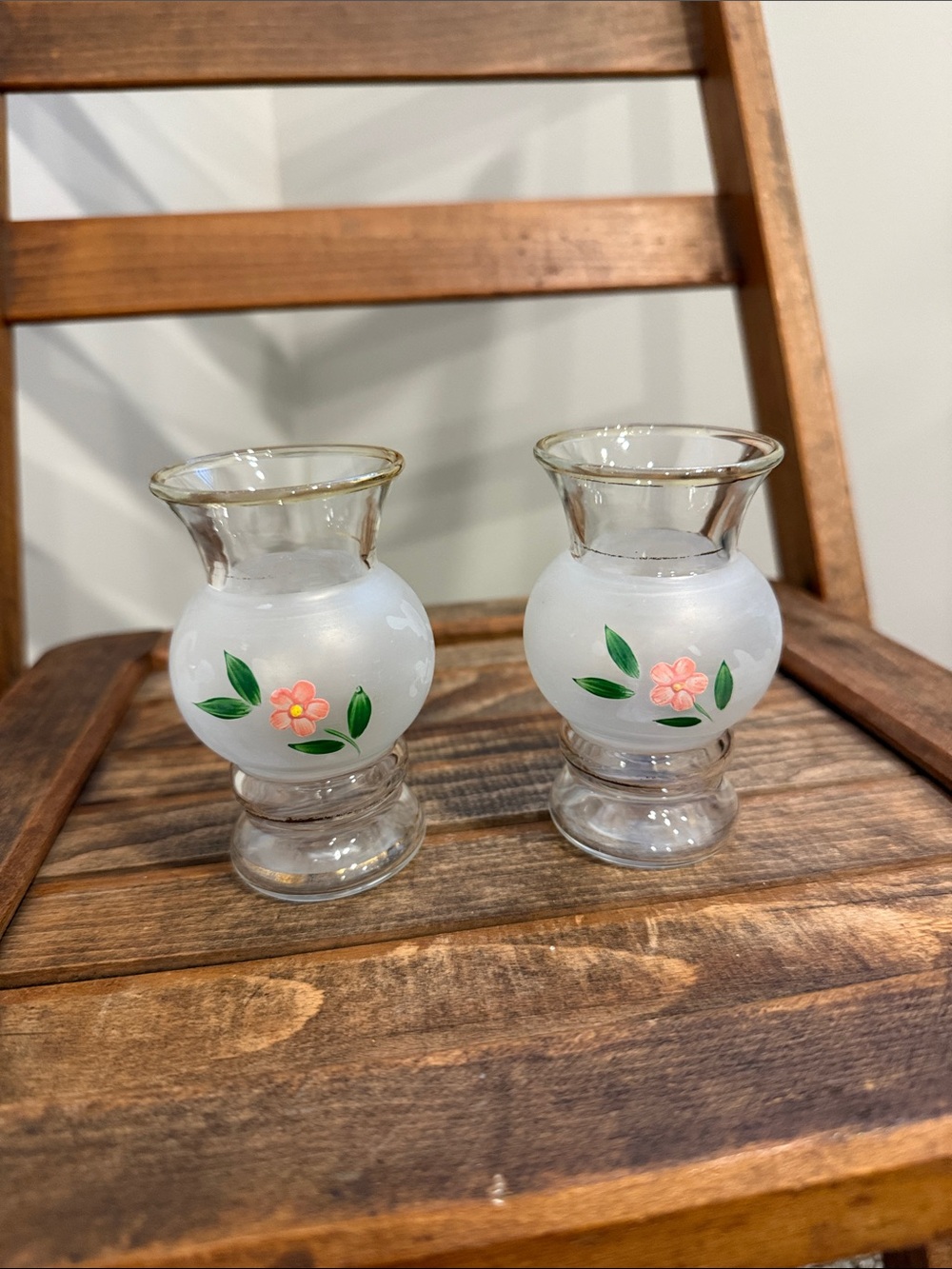 Vintage Bartlett Collins Frosted Glass Bud Vases Hand Painted Pink Flowers Gold